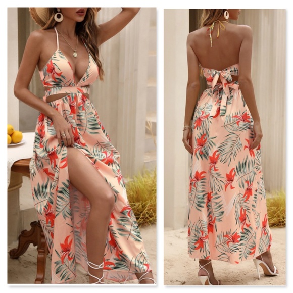 Rouge! Dresses & Skirts - Peach Pink Boho Tropical Print Backless Maxi Dress V-Neck Floral Flared